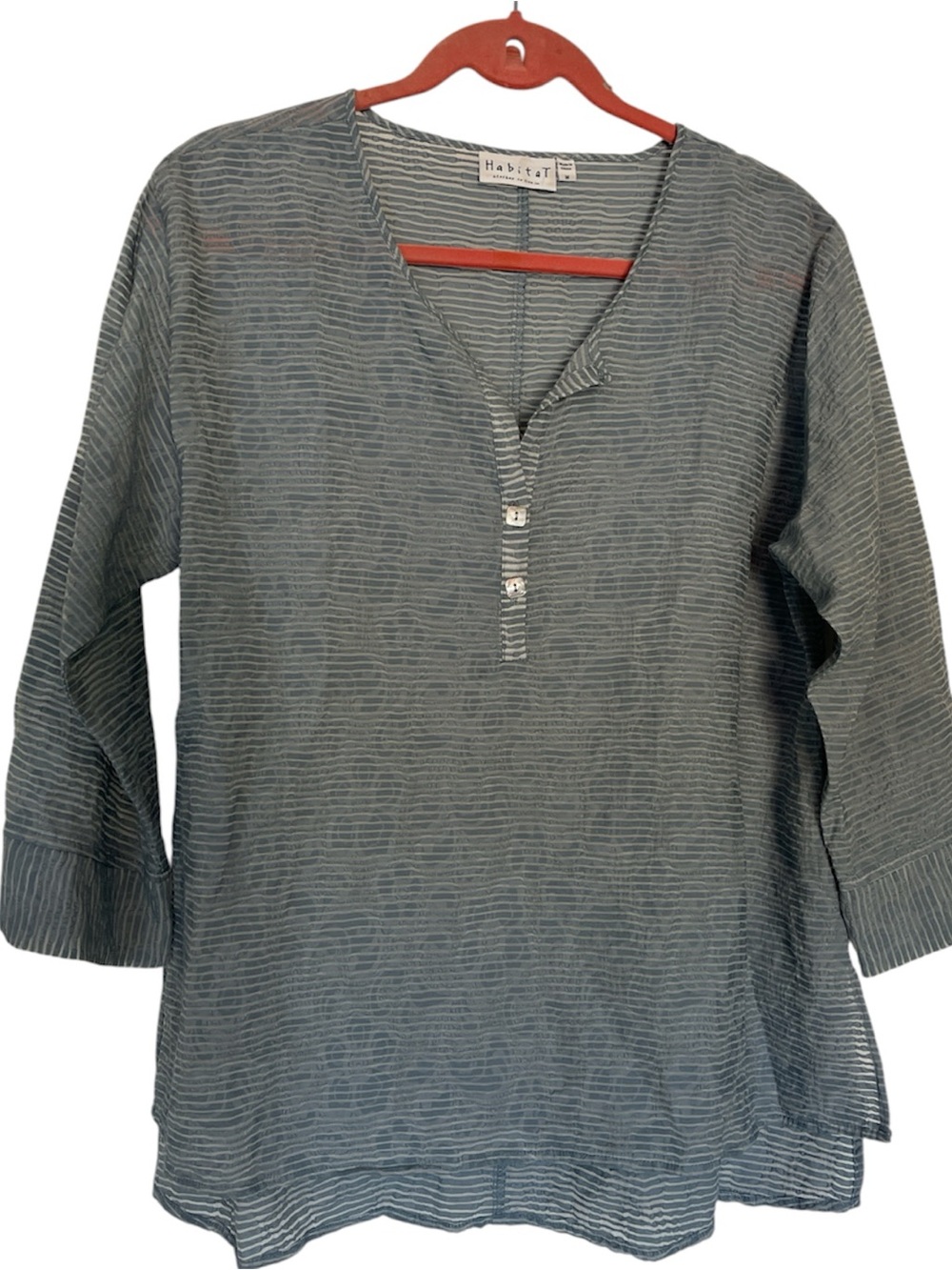 Habitat Textured Striped Tunic Top Split Neck With Button Accent Size M